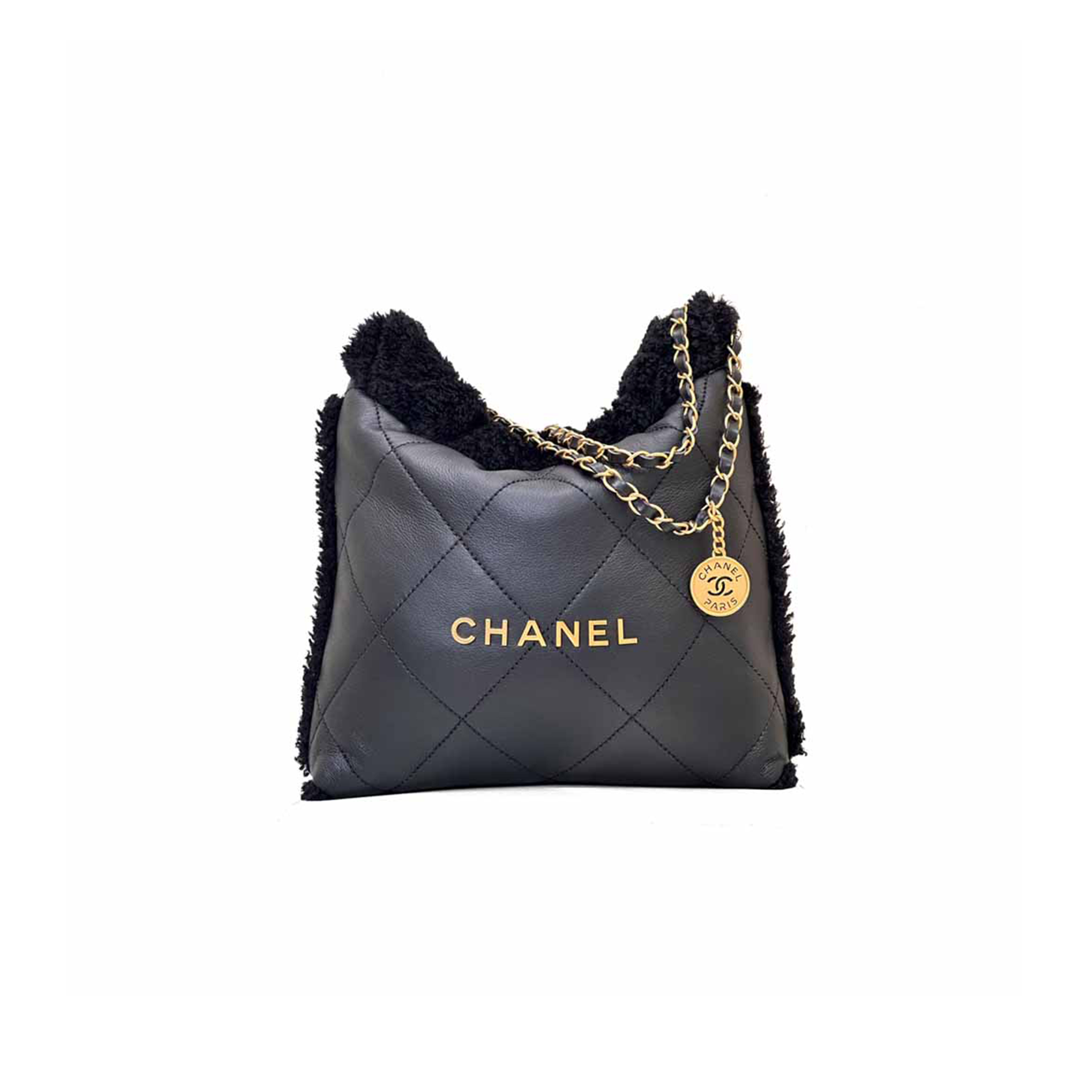 CHANEL SHEARLING AGED LAMBSKIN QUILTED SMALL CHANEL 22 BLACK AS3260 (37*35*7cm)